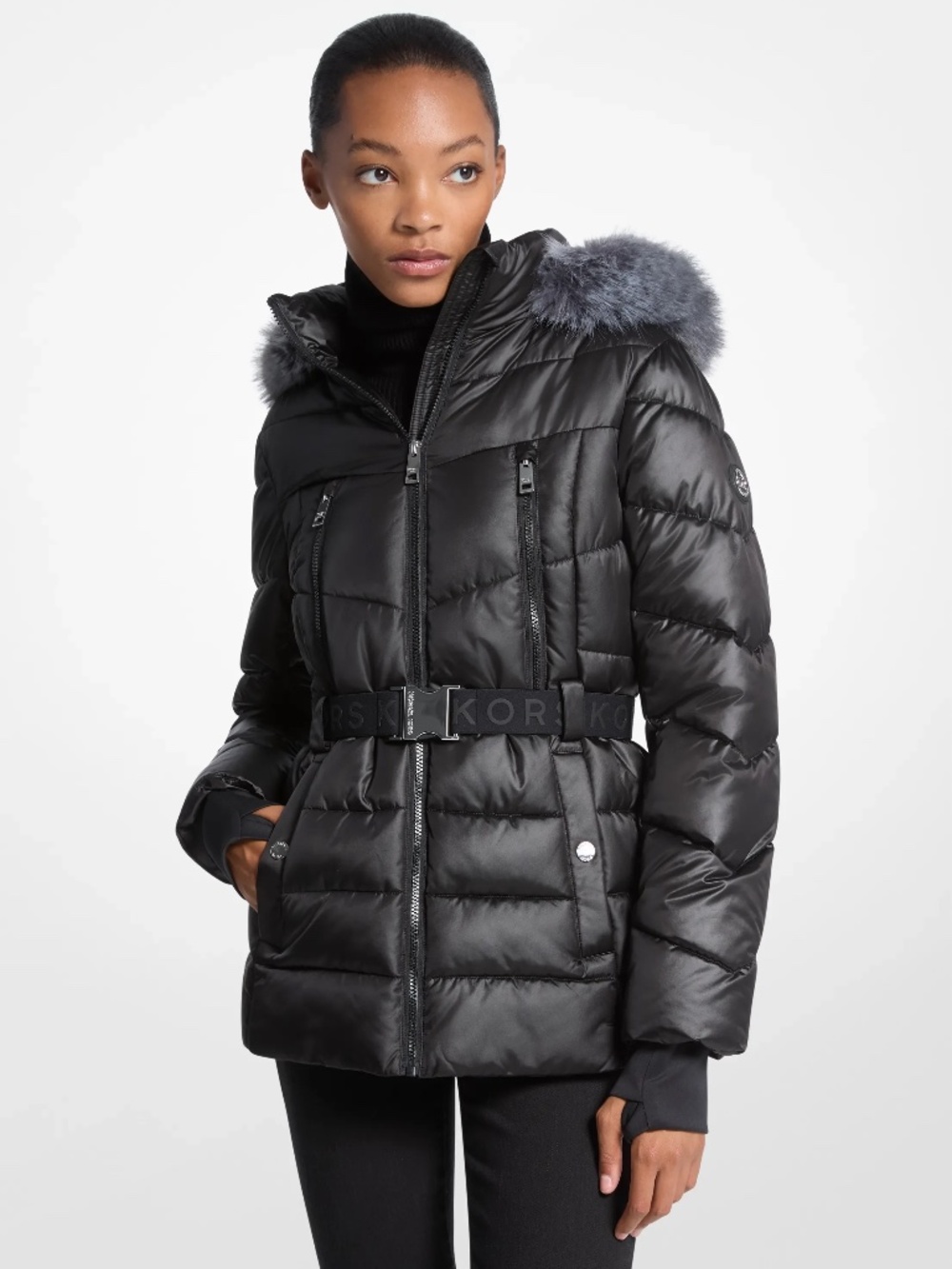 Michael Kors Faux Fur Trim Belted Puffer Jacket